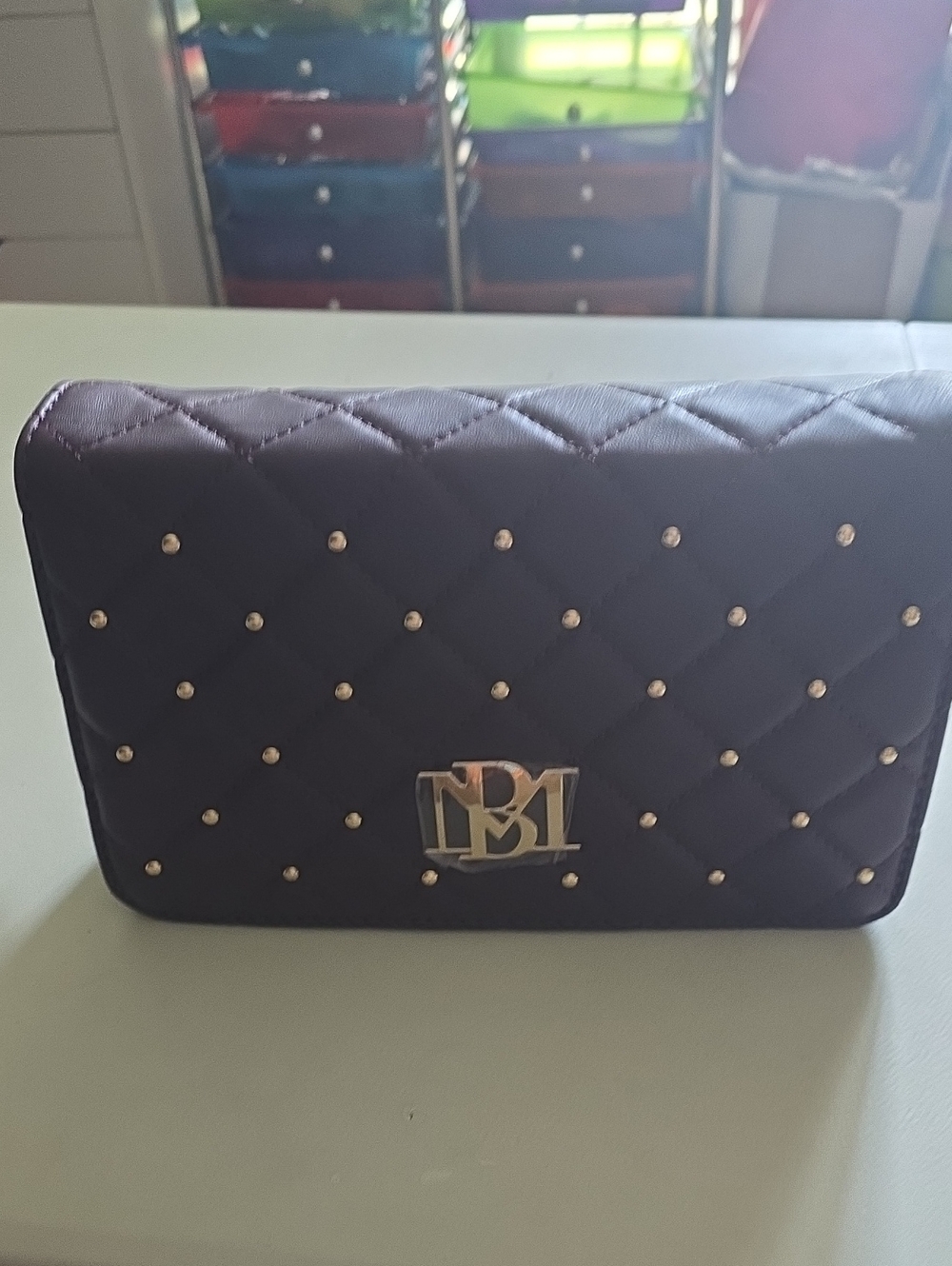 Badgley Mischka Quilted Plum Studded Clutch